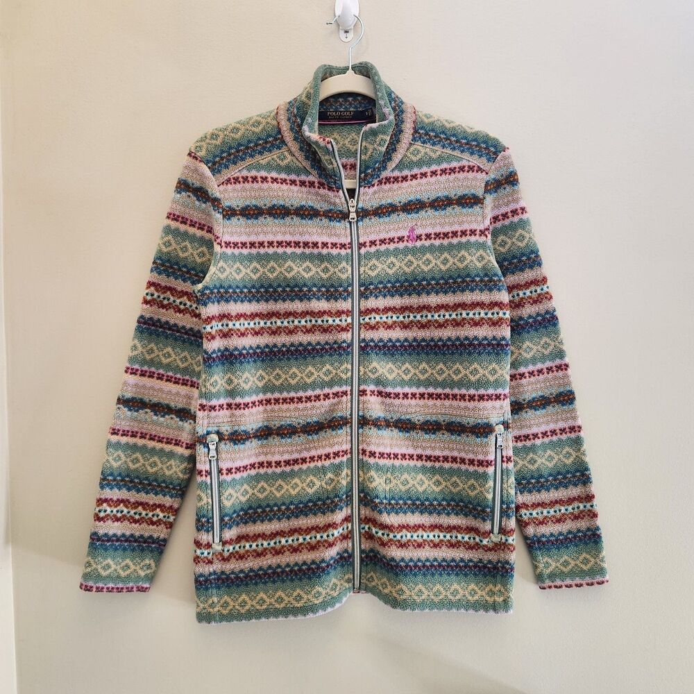 Polo Golf Ralph Lauren Fleece Jacket Zip Up Fair Isle Pink Womens Sz Sm Outdoor